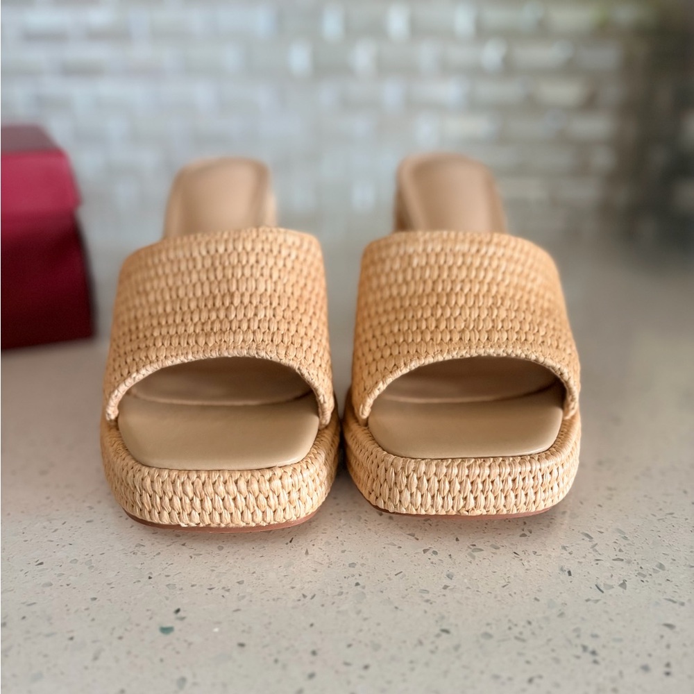 NWT Elegant Tan Woven Raffia Platform Wedge Espadrilles Sandals Heels - Picture 8 of 9